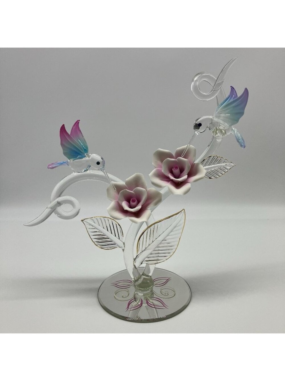 Glass Baron Hummingbirds Rose Garden Glass Sculpture with 22kt Gold Accents